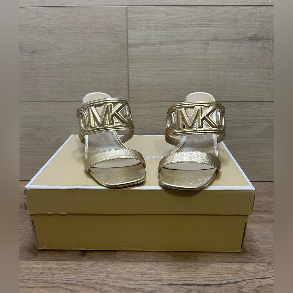 Michael kors Alma mid block heel slide sandals leather metallic pale gold 9M